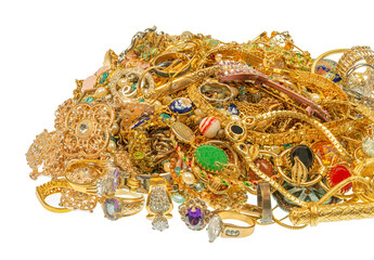Multicolored Pile of Vintage Jewelry Isolated On White