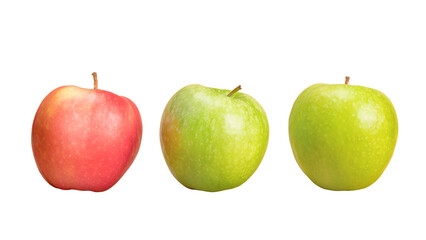 Three apples, two green and one red. Isolated png with transparency