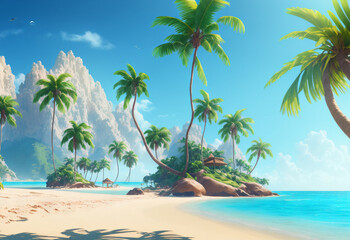 Tropical landscape. Tropical island in sunny weather. Palm trees, ocean, sandy beach. Generative AI.