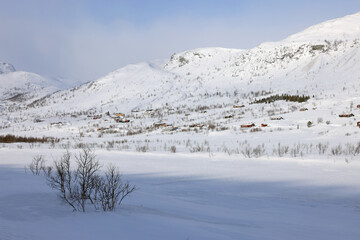 Fototapeta na wymiar Alpine winter landscape on Hemsedal route in Norway, Europe