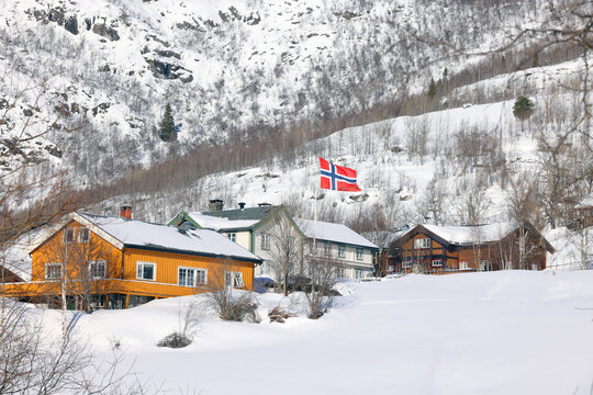 Alpine winter landscape on Hemsedal route in Norway, Europe