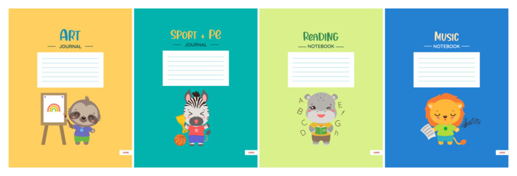 School notebook cover template set. Cute notepad workbook design with school subject headers. Stationery print. Safary animals kawaii style illustrations. Elementary education teaching resourses.