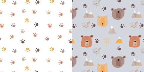 Children's card and seamless pattern. Children's pattern with cute teddy bears. Faces of bears
