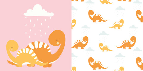 A set of pattern and postcard. Postcard with dinosaurs. Mother and baby dinosaur. Cute dinosaurs