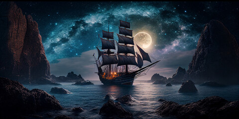 Pirate ship at night, astrophotography style. AI generated illustration