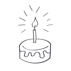 Birthday cake gift with one candle cartoon doodle line icon isolated vector illustration, first year anniversary.