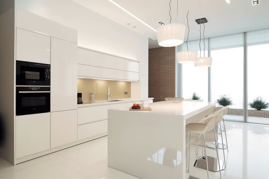 modern kitchen interior with island and bar stools