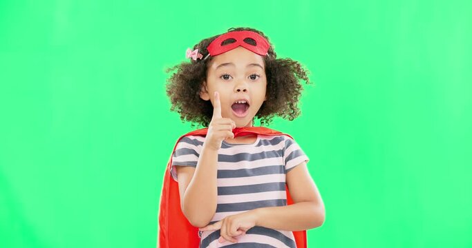 Thinking, superhero and child on green screen with idea stop crime and fight with fantasy or cosplay costume. Girl power, hero and pretend game with strong kid portrait to protect freedom and justice