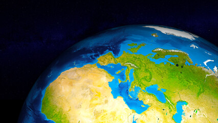 Earth globe zoomed and focused on Europe continent. Day side of Earth without clouds illuminated by sunshine and stars of universe on background. Elements of this image furnished by NASA