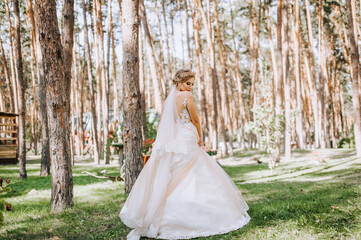 Obraz na płótnie Canvas Beautiful, happy blonde model bride in a long white dress dances, spins in a pine face outdoors. Wedding photography, portrait.