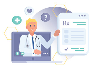 Online Doctor Giving the Prescription Drug by laptop. E-health. Virtual RX Form. Telemedicine Healthcare Concept. Remote Medical Examination. Telehealth Videocall  Medical Consultation by Internet