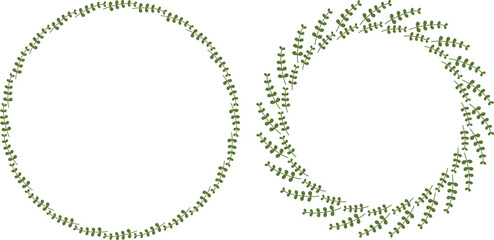 Two vector hand drawn green floral frames in doodle style. Round wreath of branches with leaves