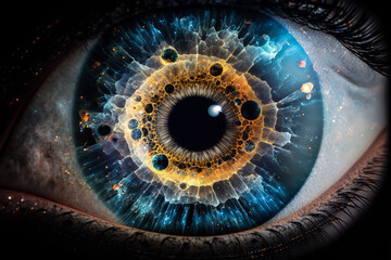 Double exposure eye and universe, iris Galaxy, Generative AI