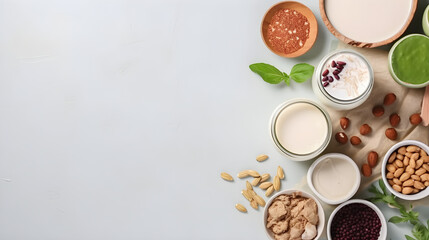 Obraz na płótnie Canvas Various vegan plant based milk and ingredients, top view, copy space. Dairy free milk substitute drink, healthy eating. Generative Ai