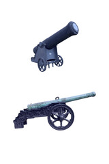two ancient iron cannons on wheels isolated on white background - 581901196