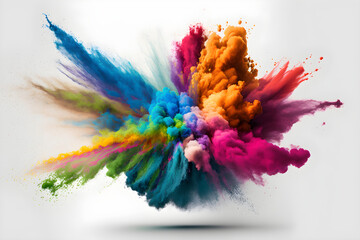 Naklejka na ściany i meble Colorful Powder Explosion on White Background, Indian Holi Festival of Colours: AI Generated Image