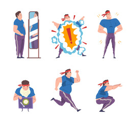 Overweight Man Character Training Getting Fit Vector Set