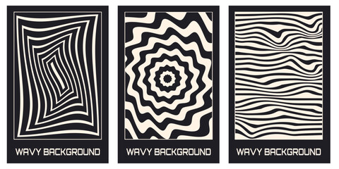 Vector set of abstract posters with optical waves. Bckgrouns in trendy psychedelic style.Vector illustration