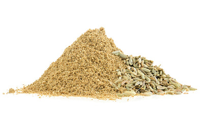 Pile of ground fennel and fennel seeds isolated on a white background - obrazy, fototapety, plakaty