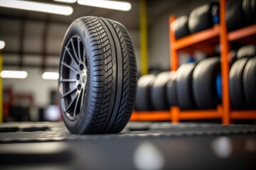 Fototapeta na wymiar illustration, new tires changing in car repair service, ai generative