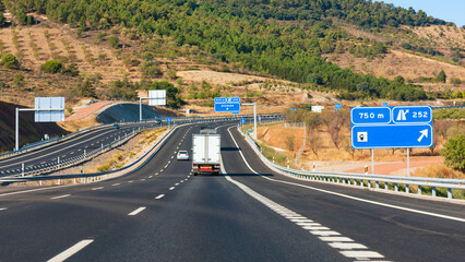Truck driving on the highway, Catalonia, Spain, Europe.