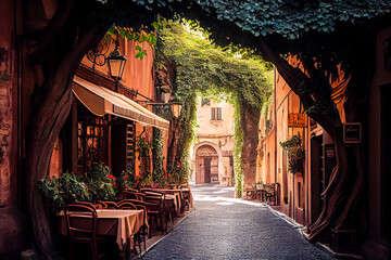 Old italian street overgrown with vines. Generative AI, Generative, AI - obrazy, fototapety, plakaty