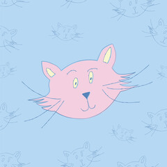 Hand drawn cute, cartoon pink smiling cat illustration on blue background with happy cats, pastel color texture for children; kids