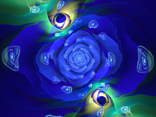 Illustration. Abstract image. Fractal. Blue macro flower with drops on the petals. Graphic element, texture for web design.