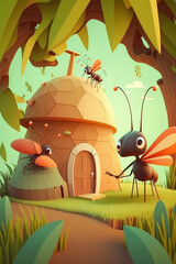 Cute vector 3D illustration ant and the grasshopper eat. generative ai.