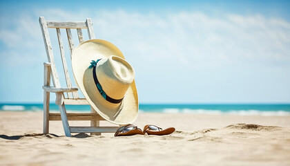 Fototapeta na wymiar Straw hat on Deck chair at the tropical sandy beach. Generative AI.