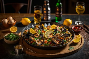 Spanish paella with shrimp in a cast iron skillet. Rice in Spanish. Seafood and lemons. rustic style. generative AI