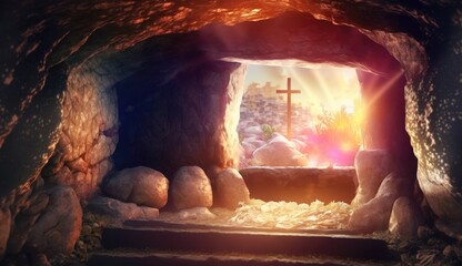 Empty tomb of Jesus Christ the resurrection after the crucifixion salvation Generative AI Illustration