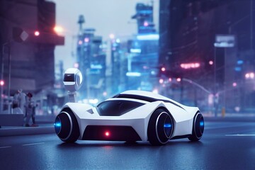 Obraz na płótnie Canvas A futuristic white robot car on the road of a city of the future. Created with Generative AI
