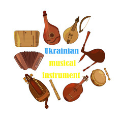 Set of hand drawn traditional Slavic, Ukrainian musical instruments. Bandur, tambourine, accordion, lyra, Cymbals, Ukrainian violin, sopilka. Vector illustration