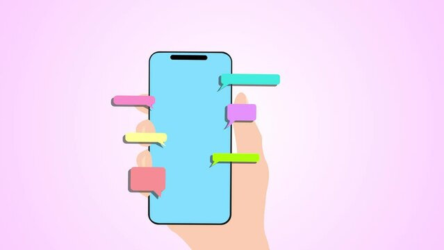 Online chat messages text notification on mobile phone. Hand holds smartphone sms speech bubbles push alerts on screen, digital or electronic chatting on cellphone.
