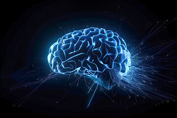 Fototapeta premium Concept of an Active Human Brain on a Dark Background.Blurry abstract 3d Rendering Abstract Background blue Network concept . Future backgroundTechnology concept.copy space - Generative AI