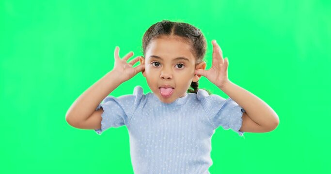 Green screen, face and child with tongue out, crazy and comic, silly or goofy on mockup background. Portrait, faces and girl with different expression, emoji and funny, fun or playing game gesture
