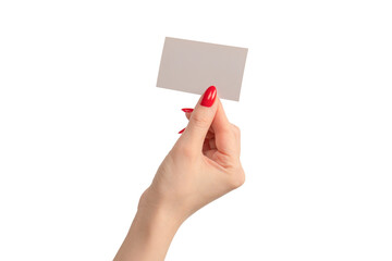 Empty card in woman hand with red nails  isolated on a white background.