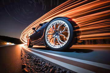 Speed car wheel on a road. Automobile and tyre workshop concept. AI generative