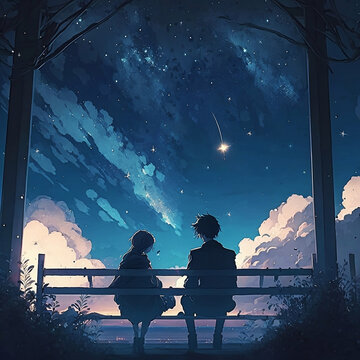 anime couple sitting on bench at night under a starry sky digital art generative ai