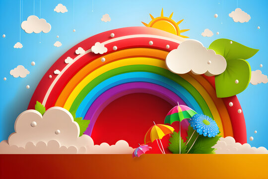 Illustration of nature and rainbow for international children's day with place for text. With Generative AI tehnology.