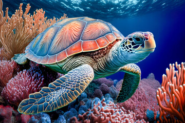 Fototapeta premium Big turtle at colorful coral reef, underwater view. AI generative