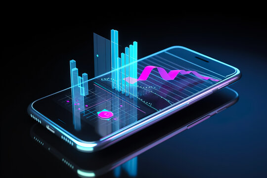Smartphone with data graph tracking app data. The concept of coding and programming applications for mobile devices. Black background, generative ai
