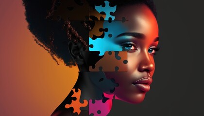 Afro woman with a puzzle face. Plastic surgery concept.