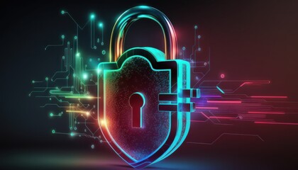 Abstract holographic neon padlock cyber security