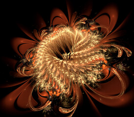 3D illustration. Abstract image. Fractal. Tea-colored flower on a black background. Graphic element, texture for web design.