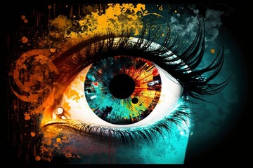 illustration, a woman's eye with a vast yellowish starry void,generative ai