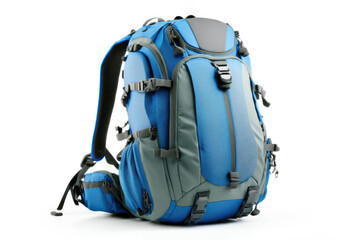 School or hiking blue backpack isolated on white background. AI generative - obrazy, fototapety, plakaty