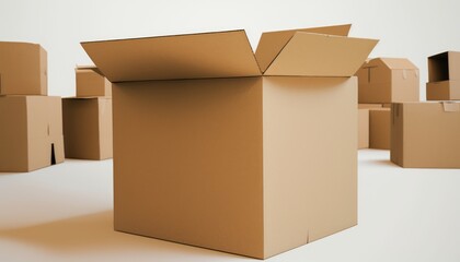Open cardboard box, against the background of a warehouse with boxes