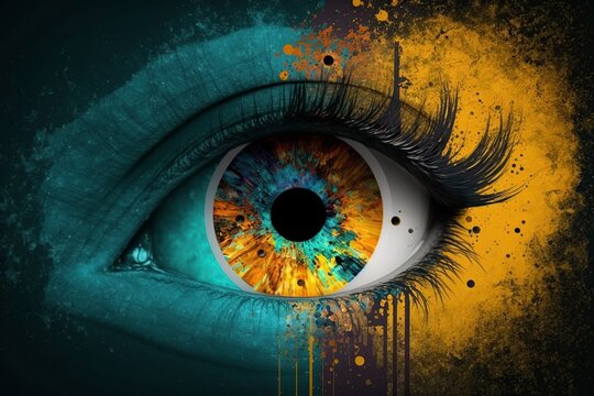 illustration, a woman's eye with a vast yellowish starry void,generative ai